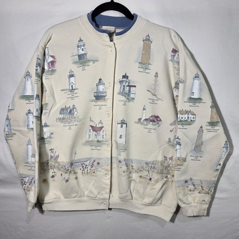 VTG Artisans Lighthouse Coastal Sweatshirt Cardigan MED Nautical AOP Maine Mass